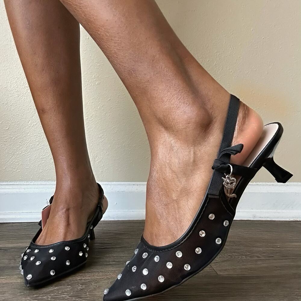 Juicy Couture Pointed Rhinestone Black Mesh Slingback Heels Size 8
